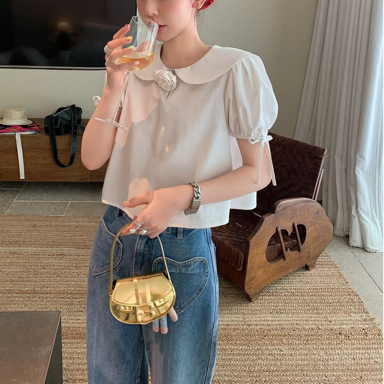 Gtt家 复古学院派手工花白色娃娃领绑带短袖衬衫上衣