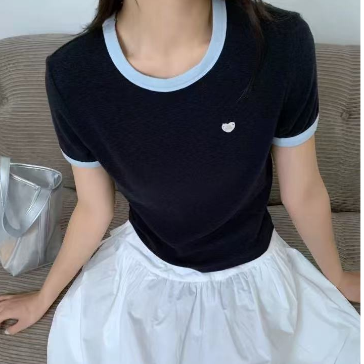 夏季新款简约百搭时尚休闲韩系圆领撞色短袖上衣H4195