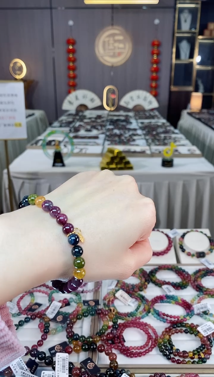 未镶嵌老矿碧玺色标彩虹单圈手串7mm+碧玺dan多样性发货一条