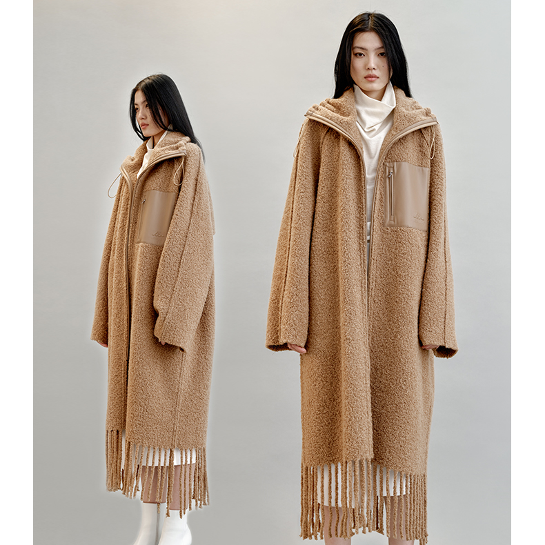 有尾YOUWEI抽绳立领流苏边大衣女士厚外套Y3923301秋冬中长款冬季