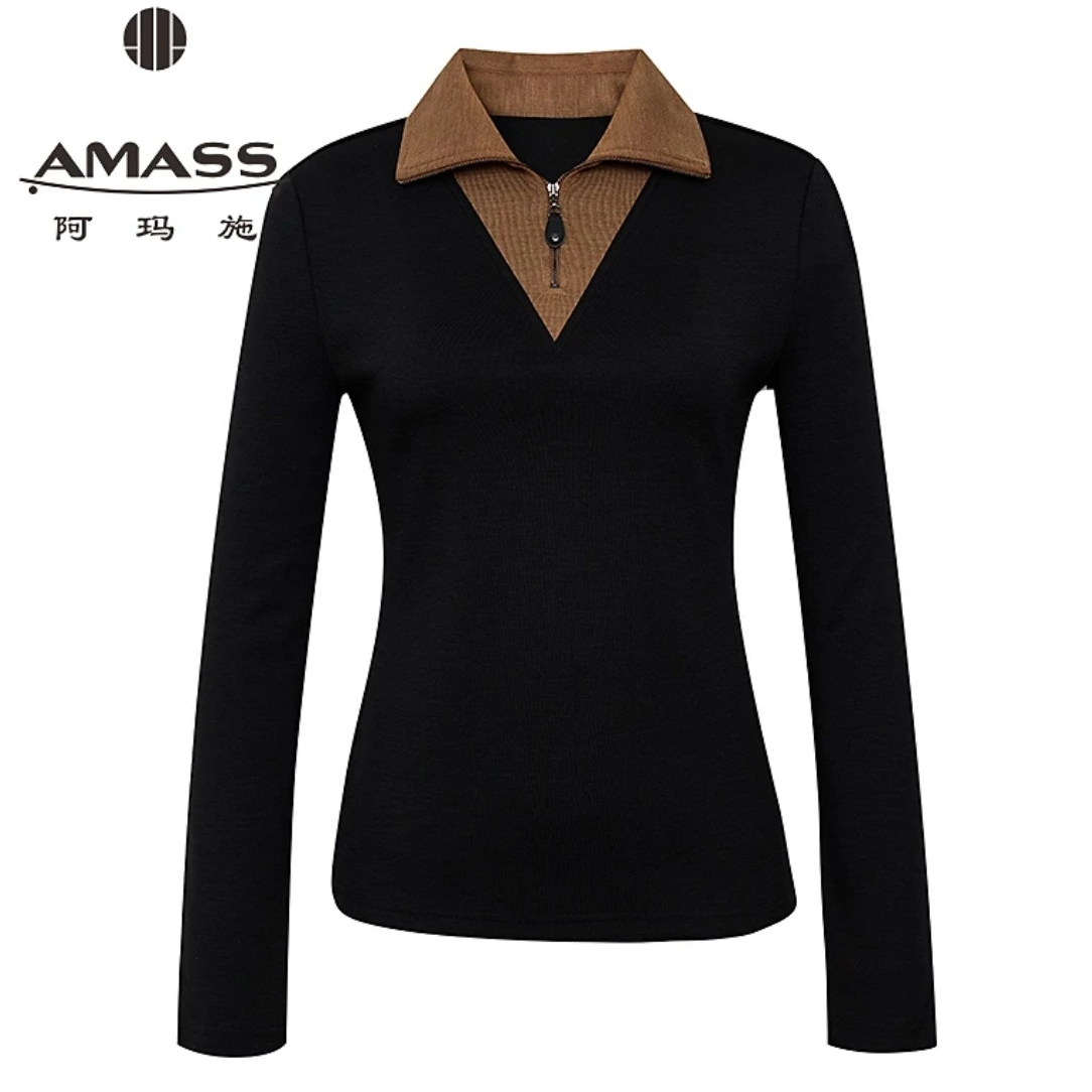 AMASS/阿玛施-秋季新款复古时尚撞色显瘦修身翻领长袖打底530162