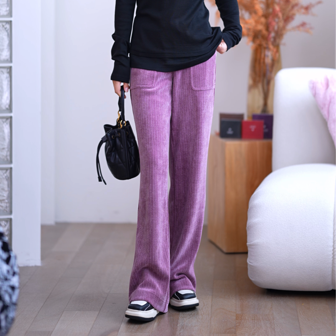 AMASS/阿玛施秋冬百搭复古简约高腰松紧休闲加厚直筒长裤5100386