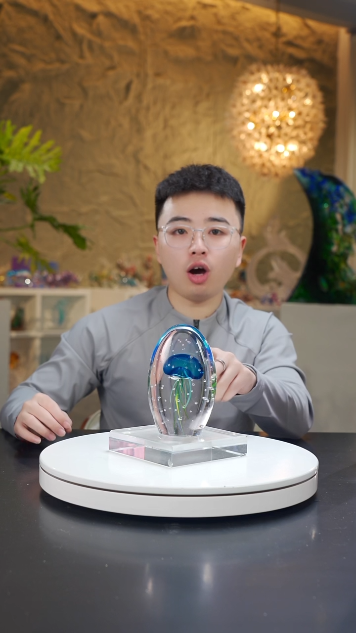 手工艺品琉璃宝石蓝气泡工艺水母摆件