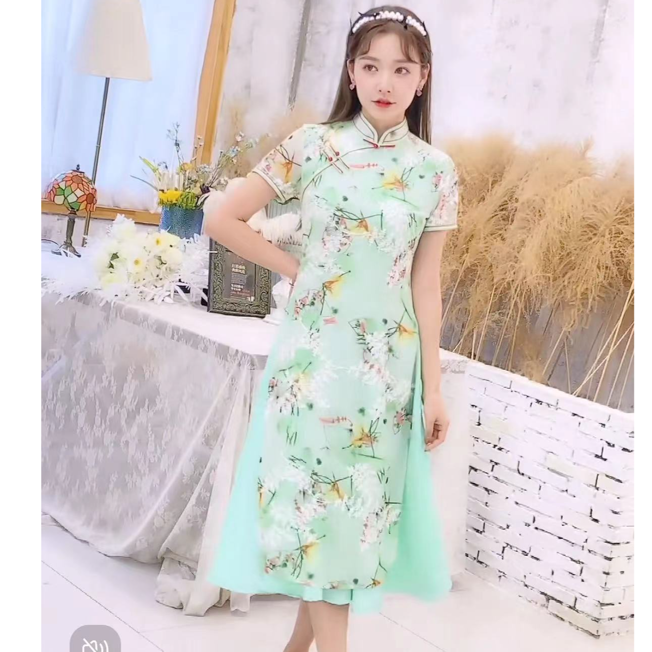 267-绿色 轻纱 小伞 旗袍 