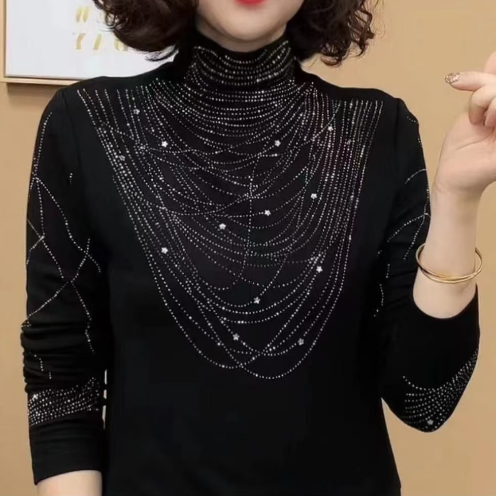 冬季新款上新德绒保暖打底衫女减龄烫钻洋气百搭时尚长袖女士上衣