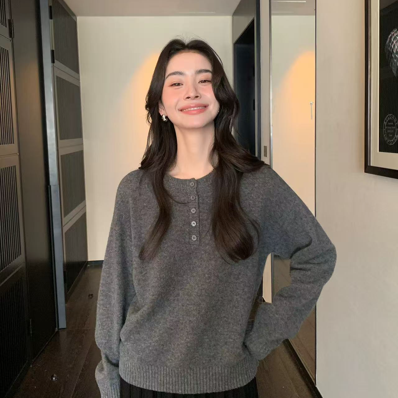 【硬货】5317圆领毛衣绵百搭休闲加厚新款秋冬宽松打底纽扣上衣