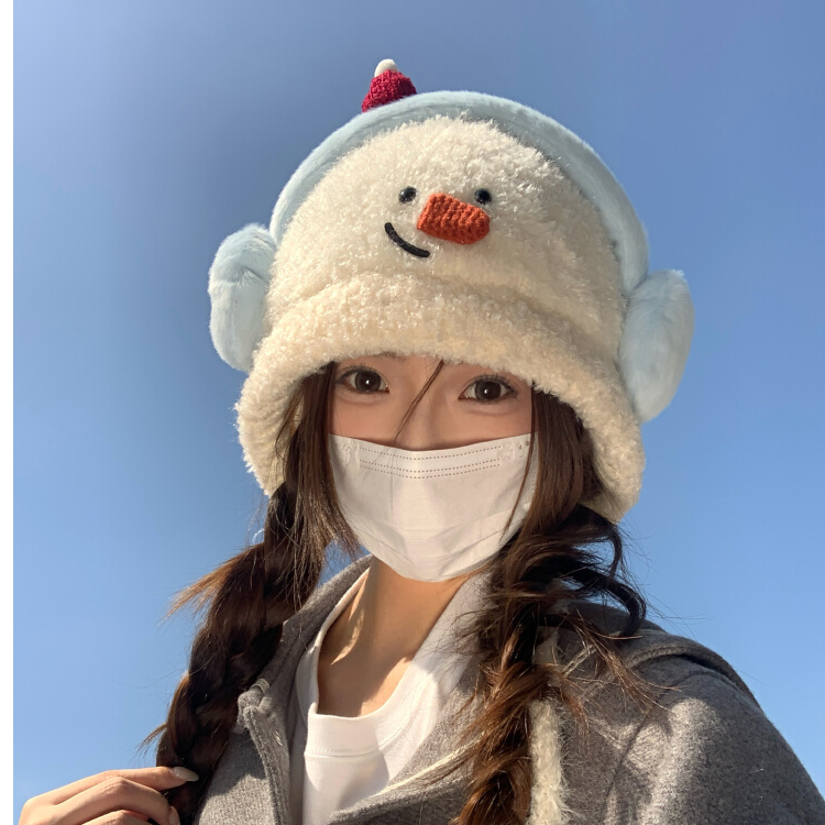 可爱卡通小雪人毛绒套头帽子女2025新款冬季保暖护耳帽防寒针织帽