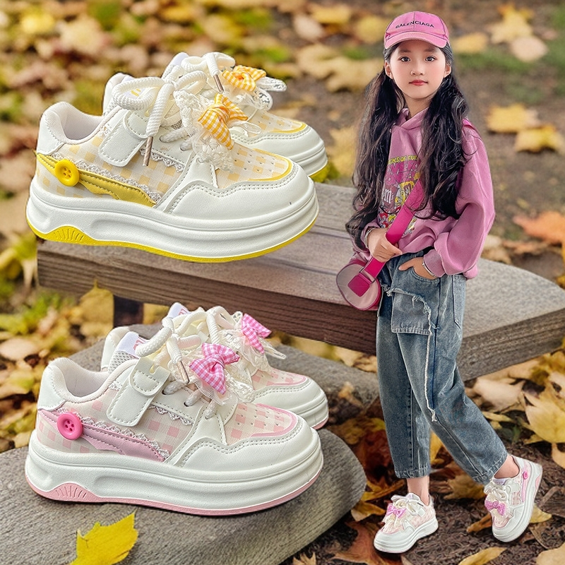 女童运动鞋皮面防水蝴蝶结公主鞋春秋新款中大童儿童休闲跑步鞋软