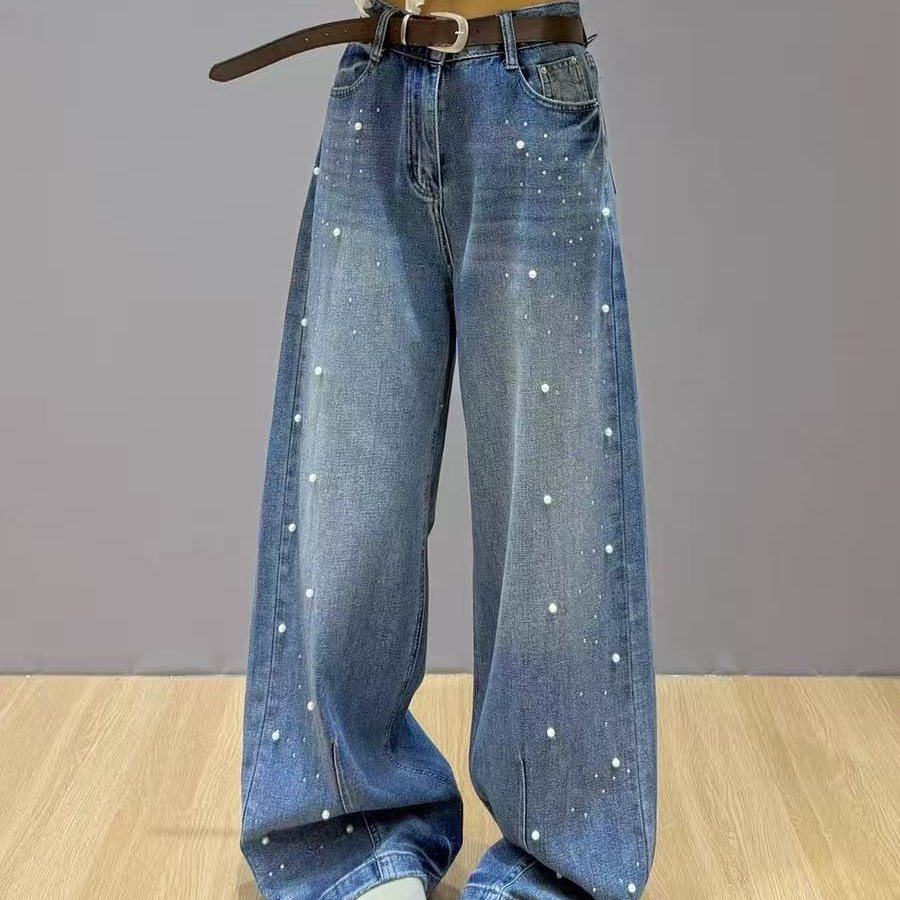 D8210韩版早春重工烫钻珍珠弯刀牛仔裤（不配腰带）