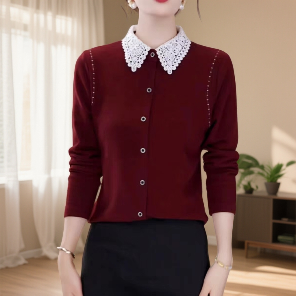 2025秋季新款时尚蕾丝翻领闪钻扣气质5552*