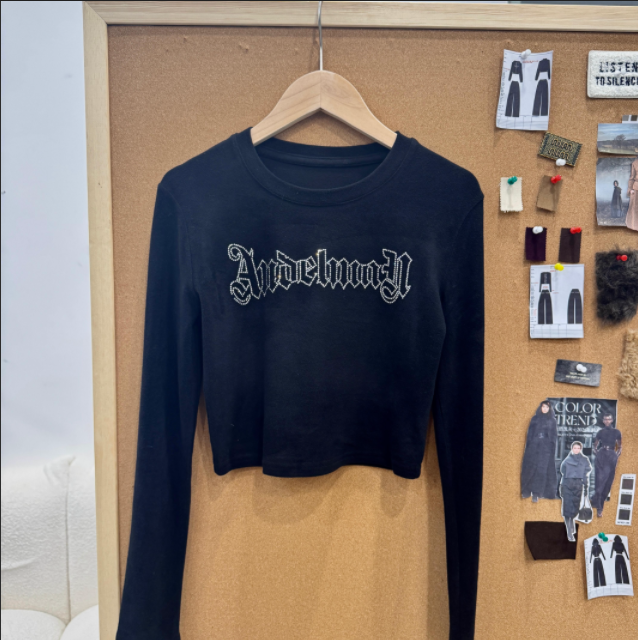 韩版时尚百搭设计师高级重工钻钻字母修身显瘦长袖上衣