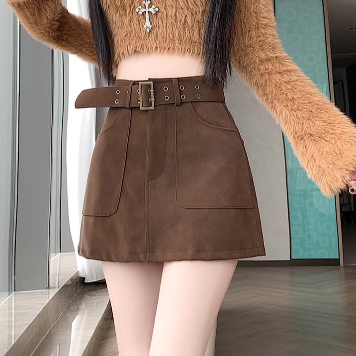 配腰带韩系pu皮工装短裙女秋冬辣妹美拉德包臀小皮裙A字半身裙子