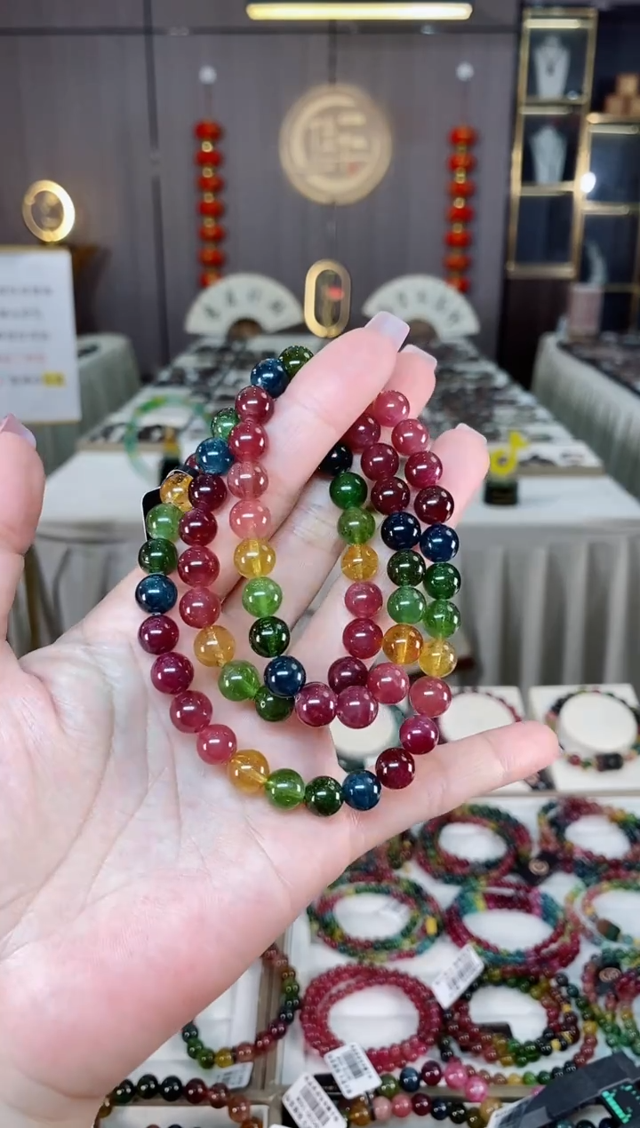 未镶嵌老矿碧玺彩虹三圈手串8mm+碧玺hon多样性发货一条
