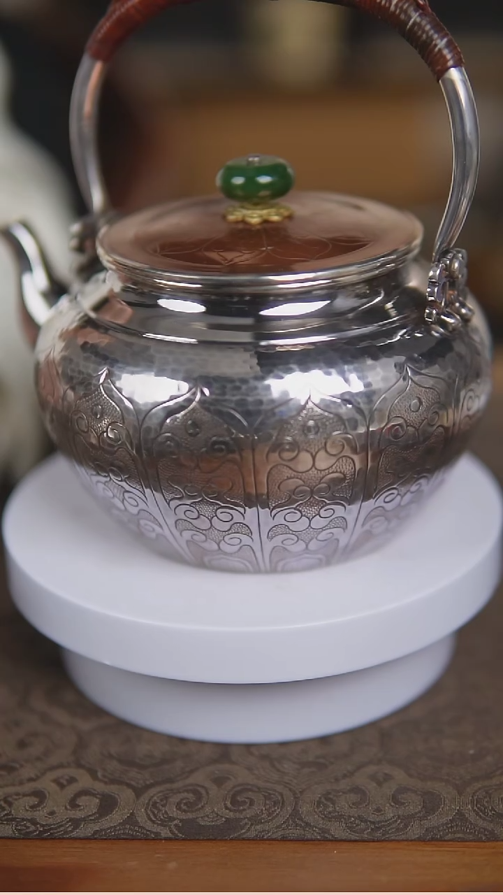 足银999八宝莲提梁壶纯手工烧水壶煮茶壶