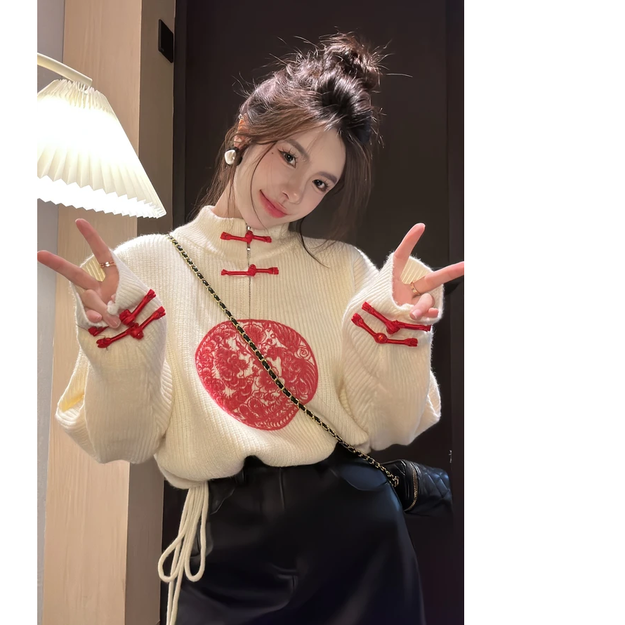 HuiHui 新中式毛衣秋冬2024新款复古中国风短款针织上衣HD158