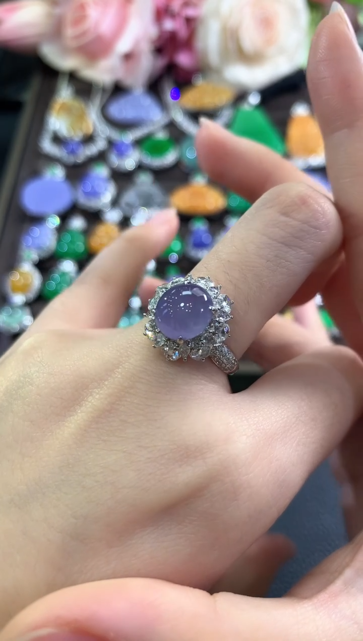 18K金镶嵌戒指翡翠b5 紫货有色差