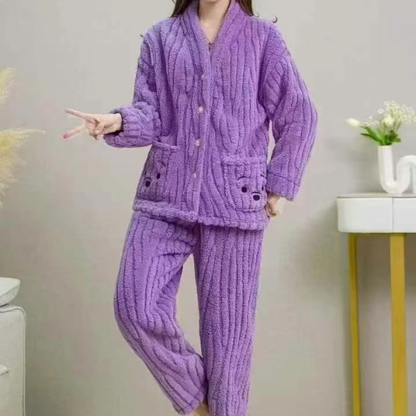 【清仓福利】珊瑚绒女士小熊V领睡衣家居服大码可外穿外出套装35566