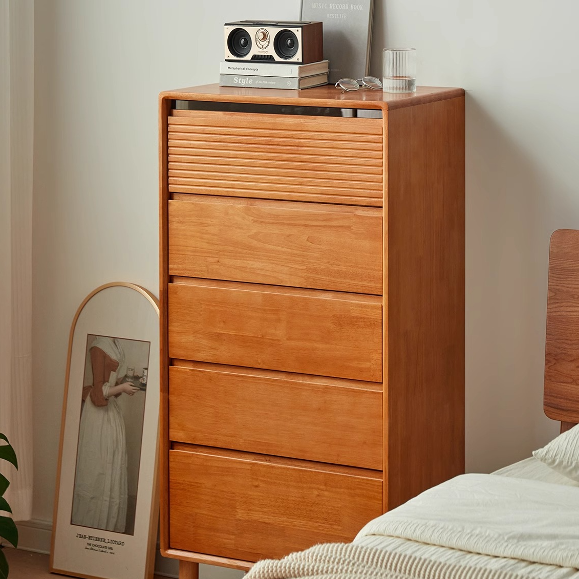 全实木斗柜樱桃木色夹缝柜日式床边柜家用五斗柜