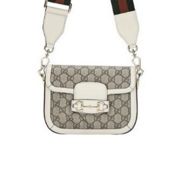 99新 GUCCI/古驰 老花牛皮Horsebit1955白色马鞍包单肩包