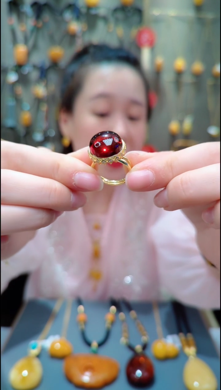 琥珀银S925镀金镶嵌珠宝奇石﹣A305琥珀戒指