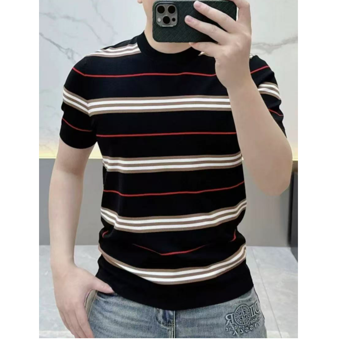 【领士】男士夏季凉快休闲修身高品质条纹战马圆领半袖短袖2970