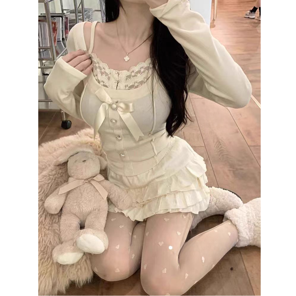 大码春季法式芭蕾风假两件女蝴蝶结纯欲长袖上衣蛋糕短裙套装