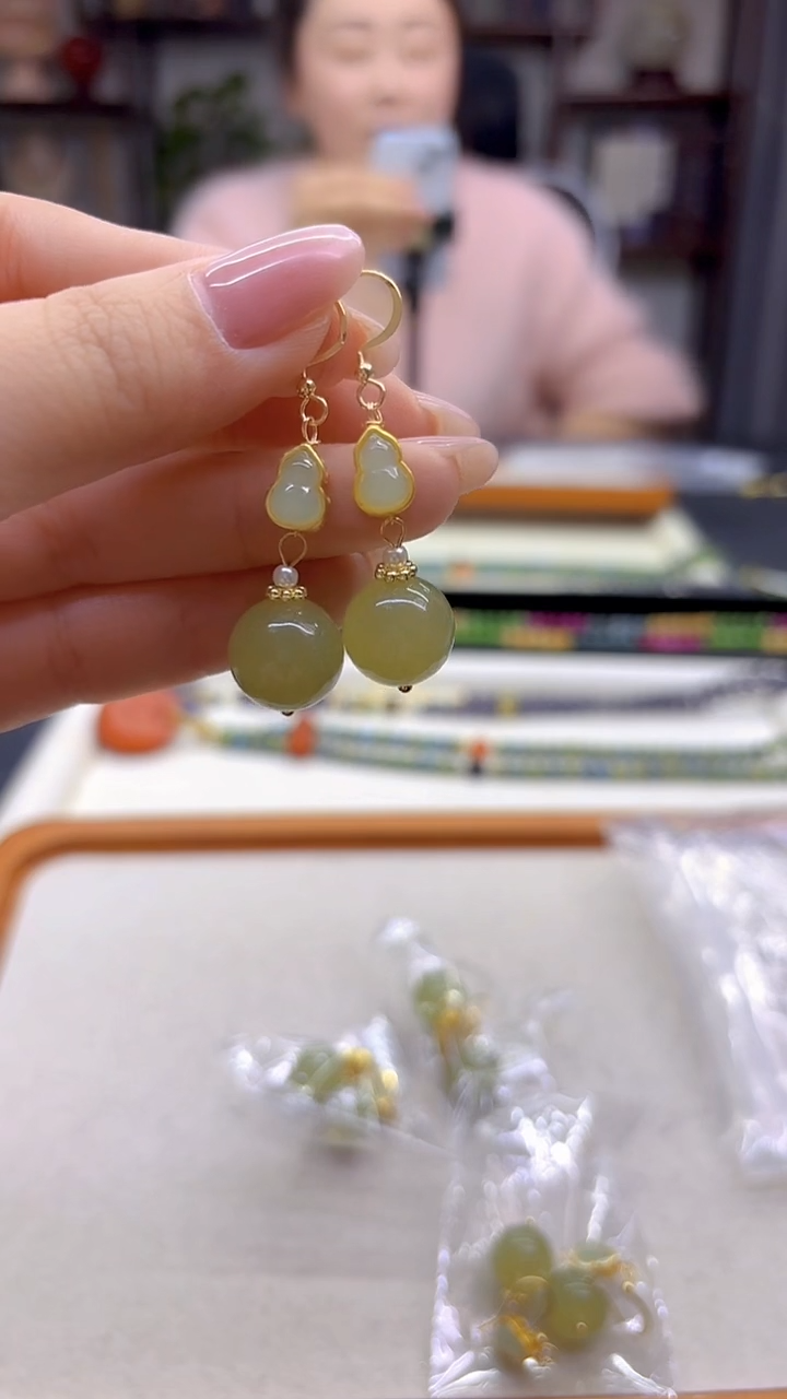 14K金镶嵌和田玉耳饰DIY款E714
