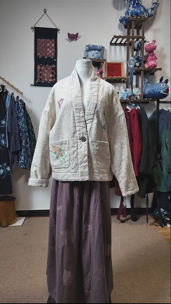 ?**?原麻色植物印染版夹棉外套上衣