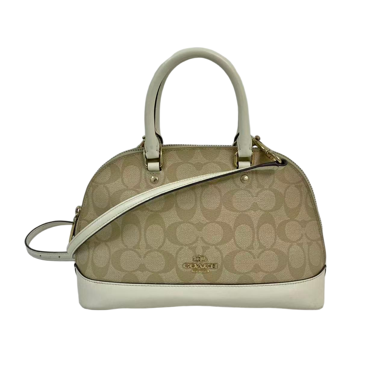 95新 COACH/蔻驰 奶茶色老花PVC拼皮斜挎贝壳包单肩经典2512LQ023