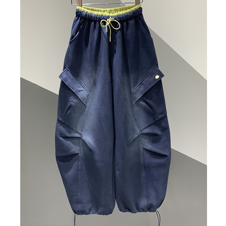 冬春新款水洗炒色晕染弯刀裤撞色腰头工装裤百搭休闲女裤3328-1
