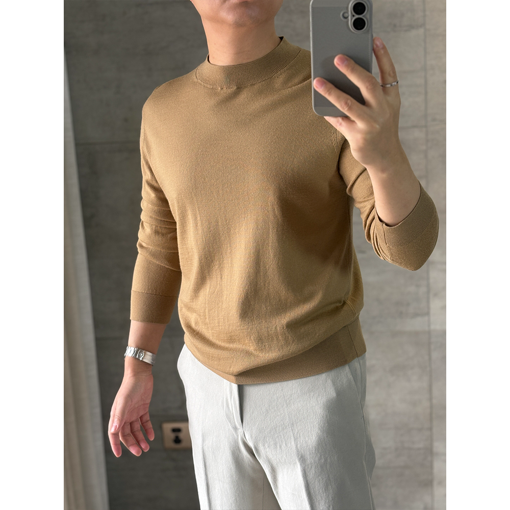 男士秋冬精纺羊毛低领打底衫薄款长袖修身纯色针织衫