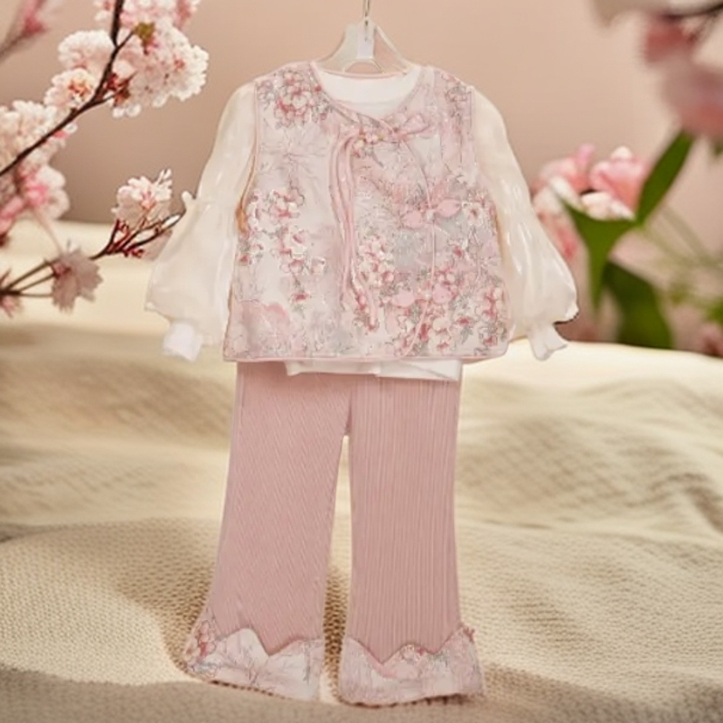 女童洋气春秋季粉色中国风套装公主风女宝童装女宝宝新中式衣服