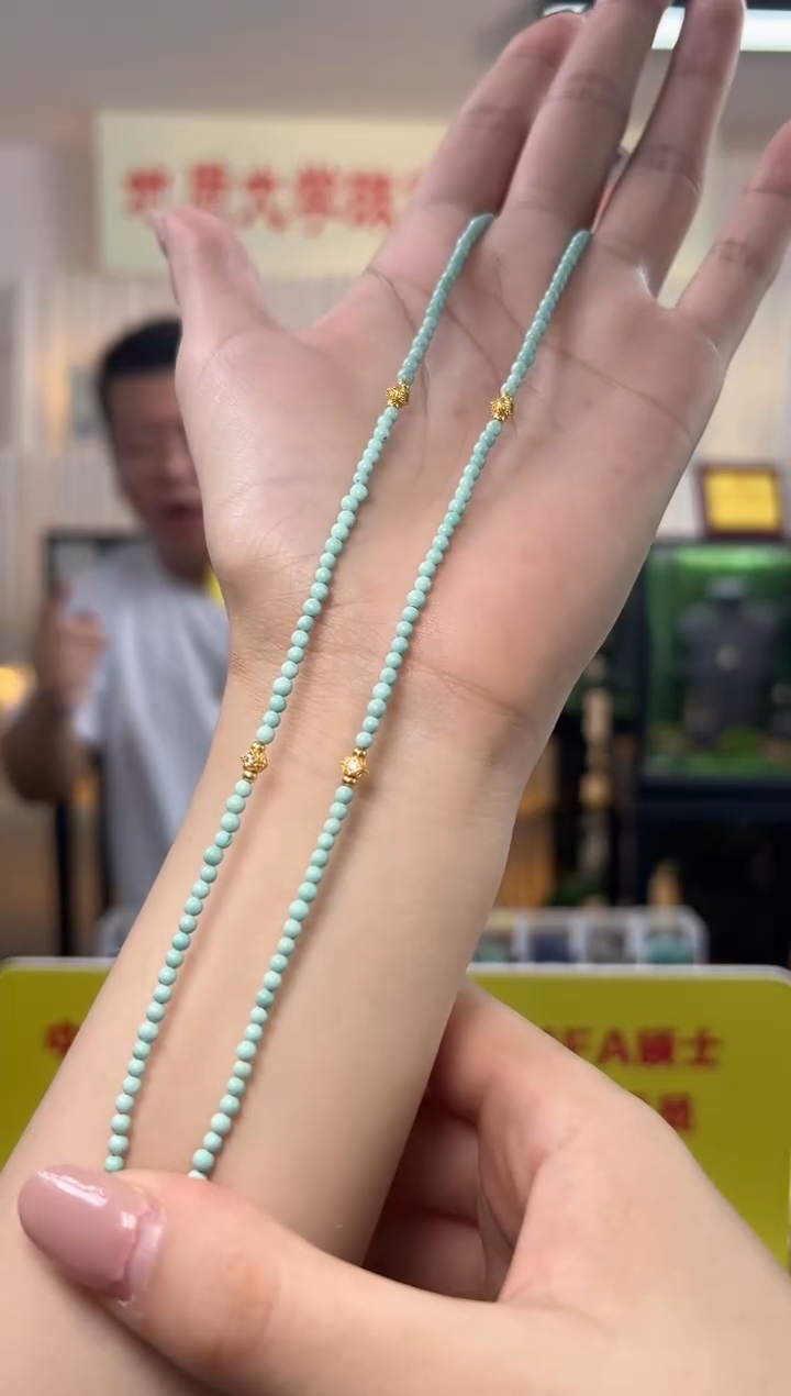 绿松石银S925镶嵌颈饰原矿绿松石小米珠项链S925银