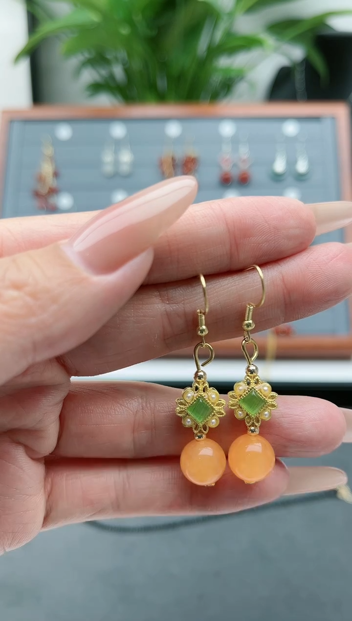 【闪购商品】玛瑙/玉髓耳饰银S925镀金镶嵌1109橘色