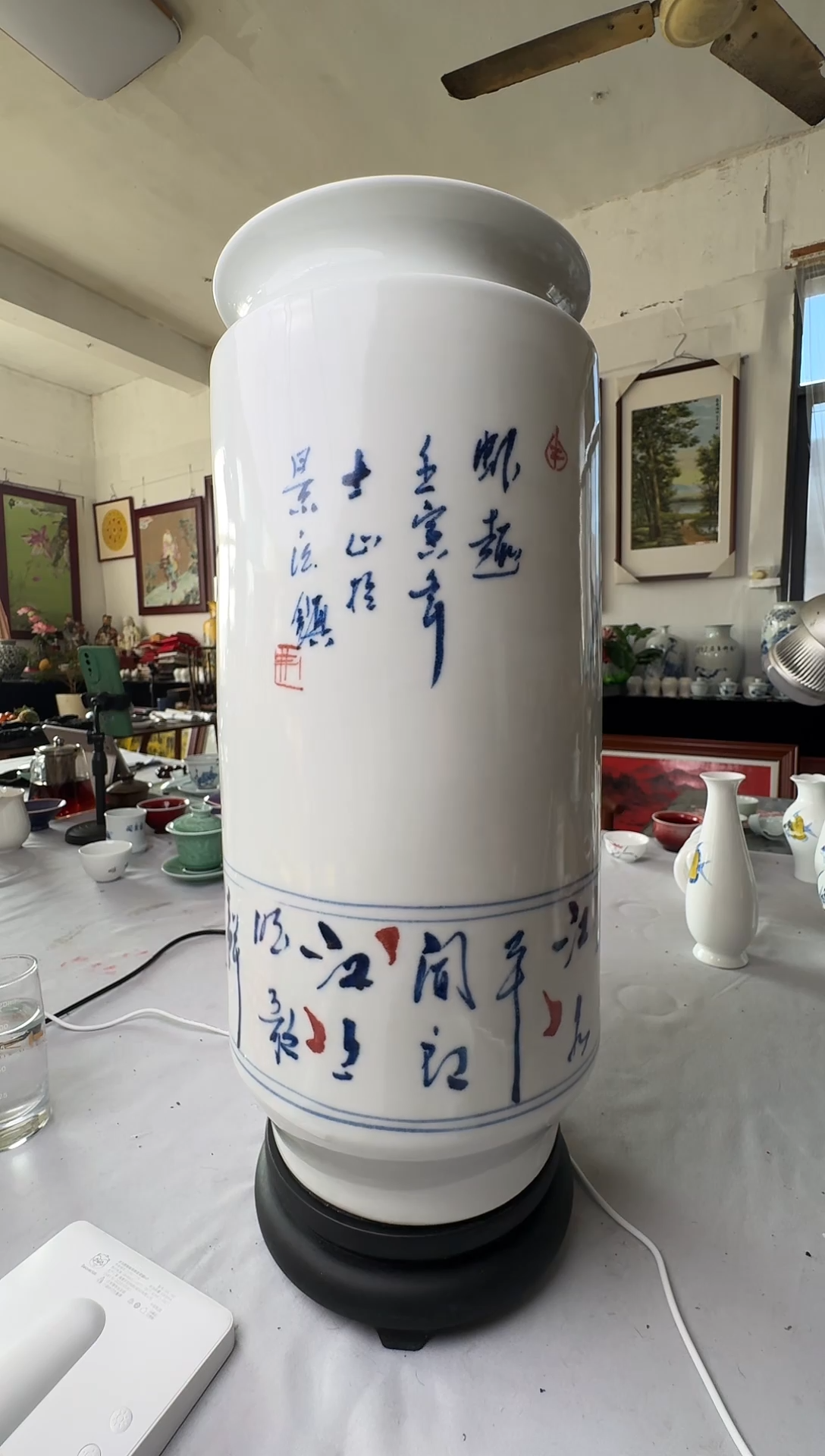 摆件瓷景德镇手工手绘士心青花虾趣瓶