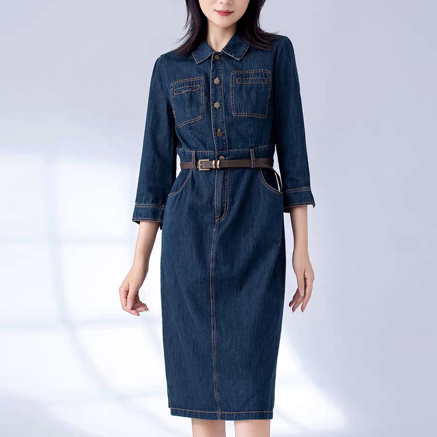 D393牛仔连衣裙女装2025春秋季新款收腰显瘦翻领裙子