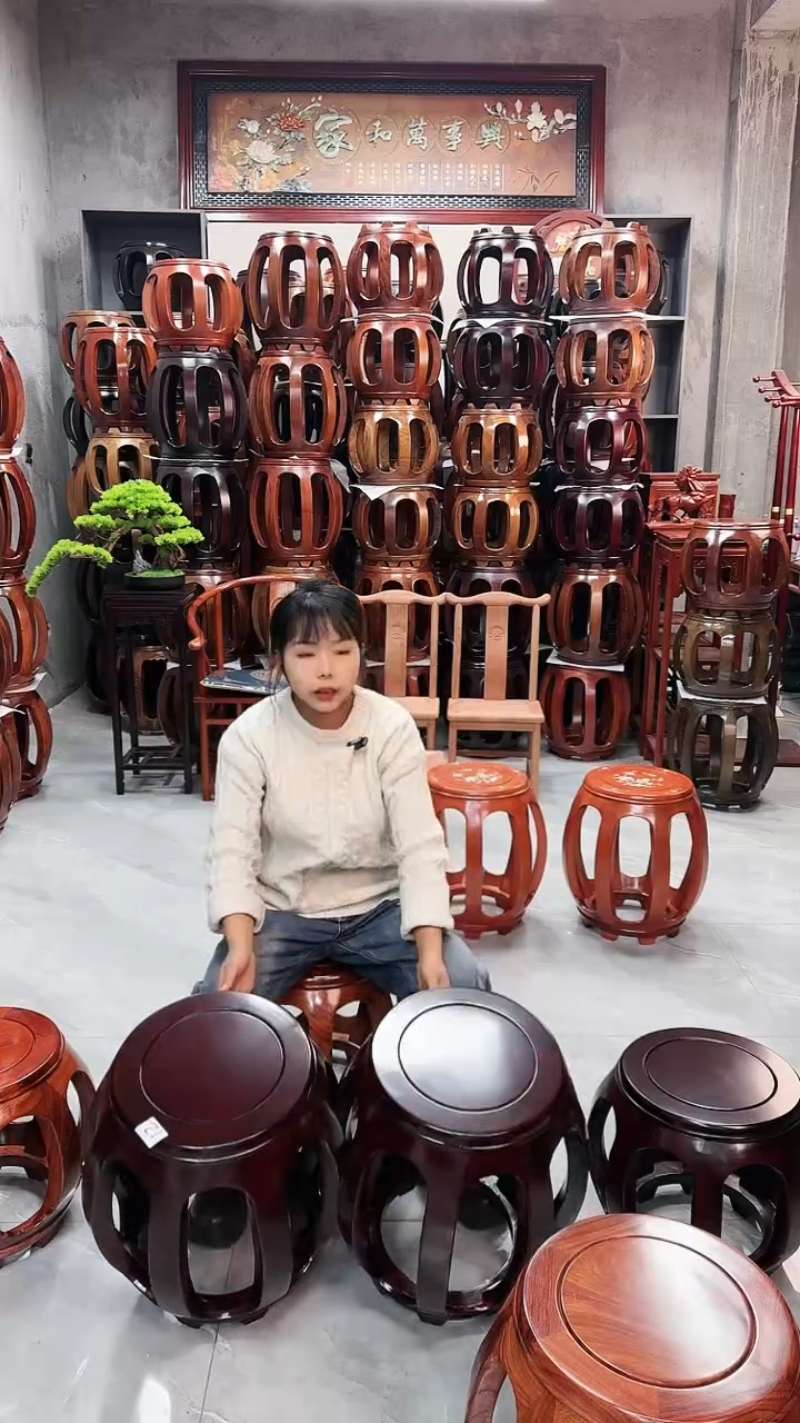 【闪购商品】花梨木类家具花梨木酸枝色大号鼓凳一对12号