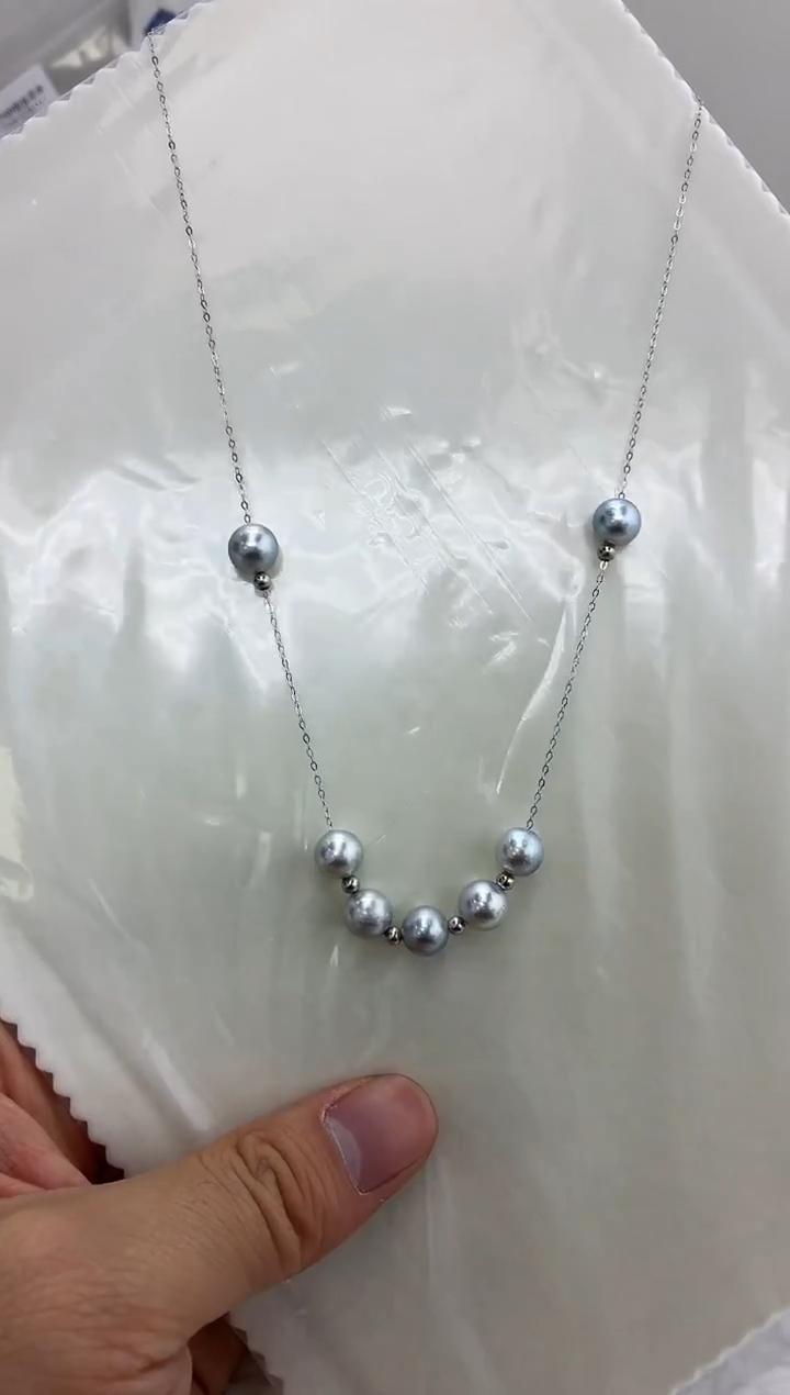 银S925镶嵌DA海水珍珠定位球灰珠微笑链8-9 BQ180