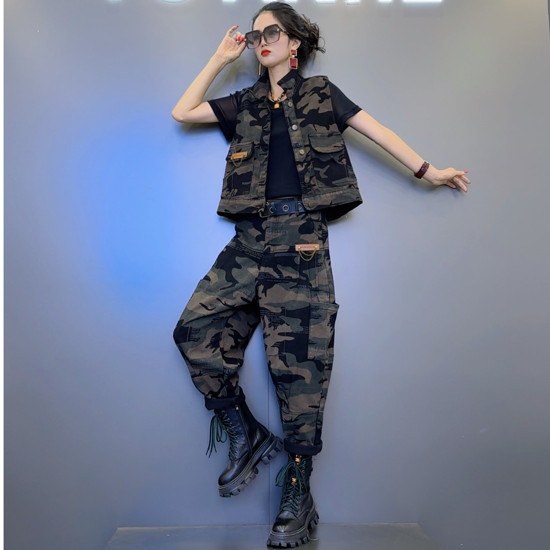 N1-7早秋款迷彩印花牛仔马甲-贴标字母印花迷彩牛仔裤