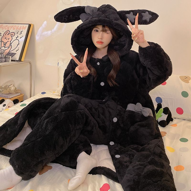 巨保暖【黑色蝴蝶结】2025年冬季睡衣女夹棉三层加厚保暖家居服