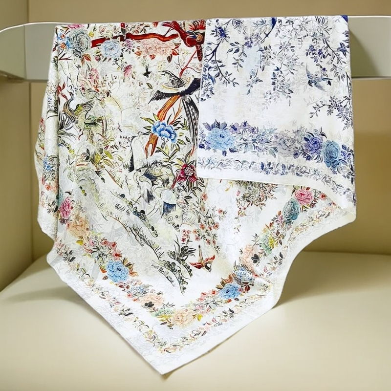 上海故事C25捡漏双面双色140cm鸟鸣花枝方巾香云老料贵气长辈礼物