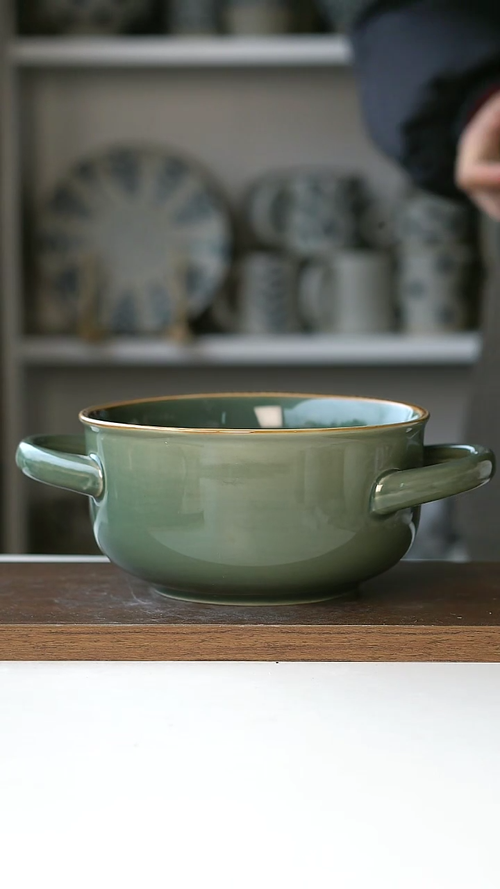 【闪购商品】陶瓷翡翠绿双耳沙拉碗@4-2@