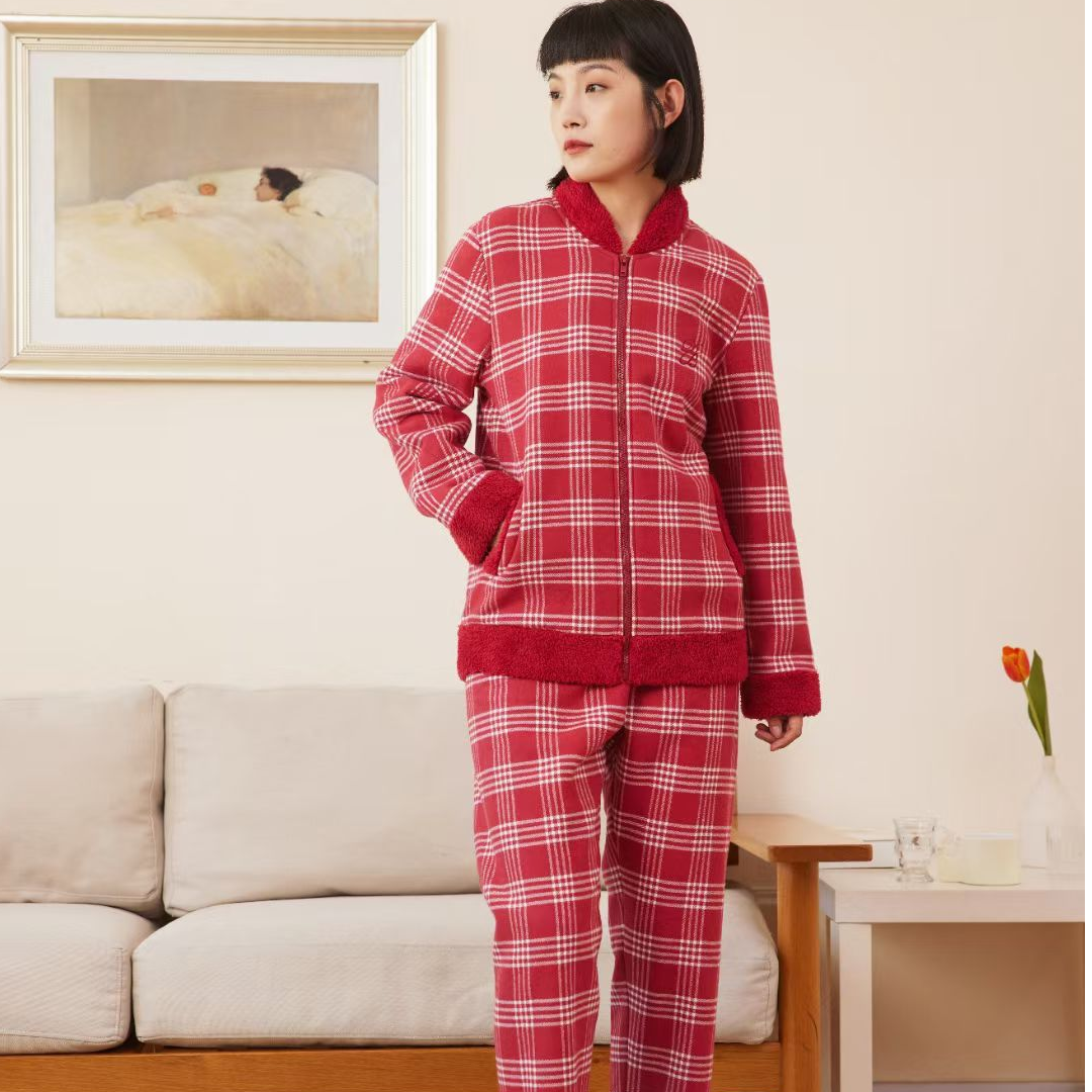 红色本命年舒适保暖棉睡衣女款长袖开衫可外穿家居服套装HL31037