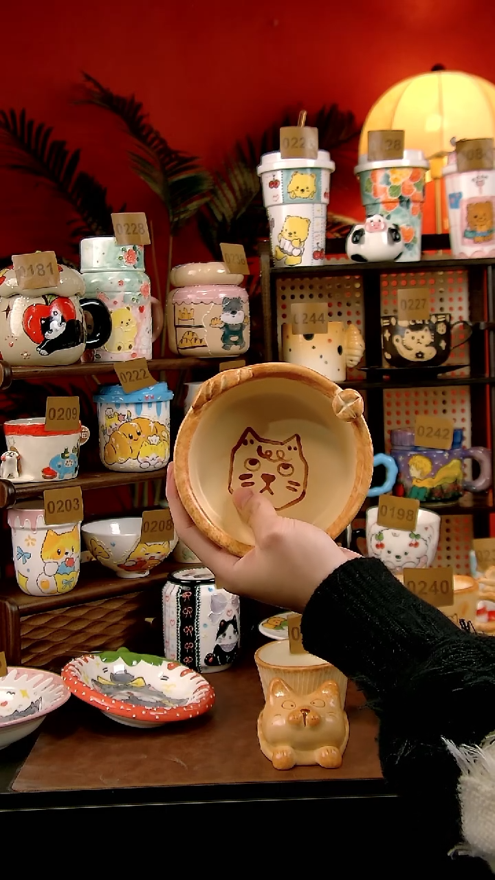 碗DIY景德镇陶瓷手工手绘卡通风面包系列小猫碗