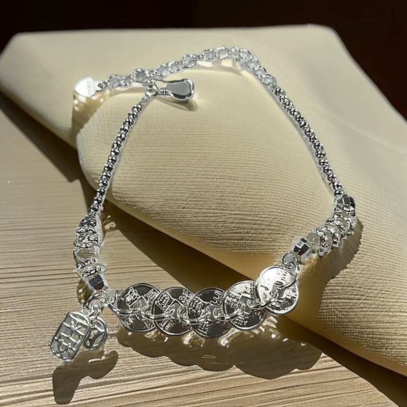 足银手链 民族风优雅金钱平安五帝币手链