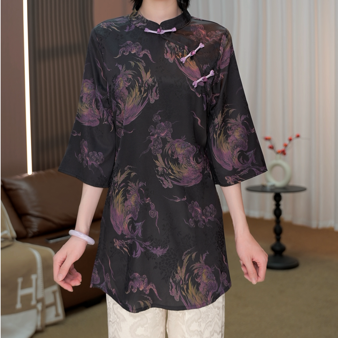 【138-墨韵花】2026春夏新款显瘦新中式宽松上衣七分袖