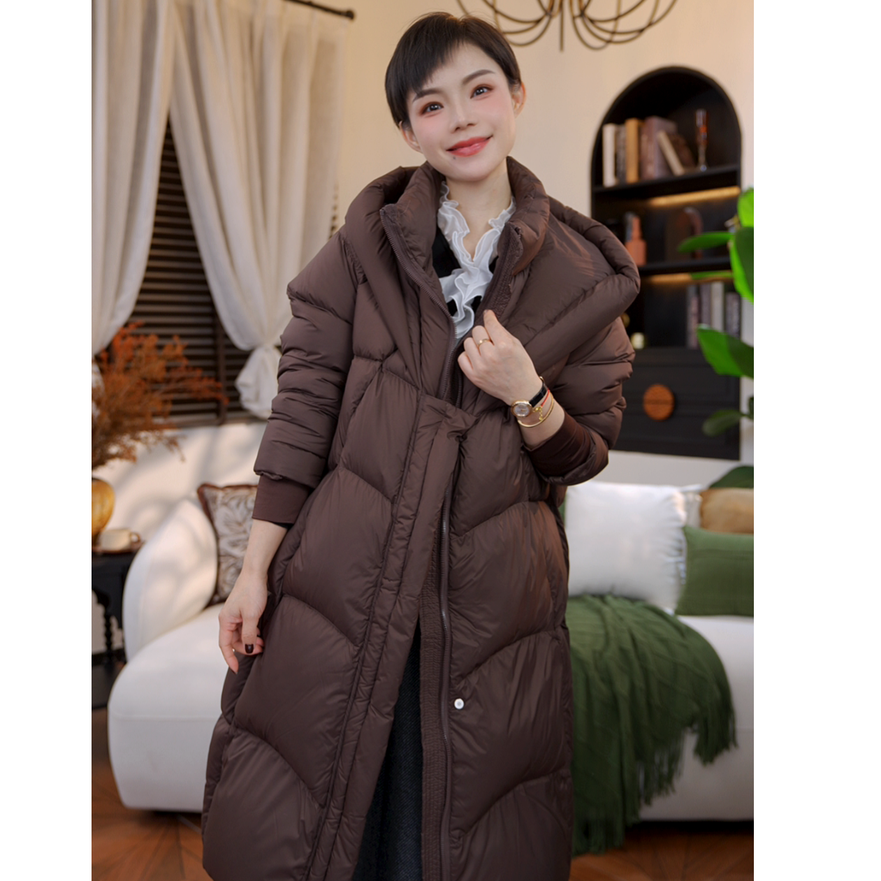 【橙蜜客】原野焦糖 长款百搭保暖高级鹅绒羽绒服2554Y000736