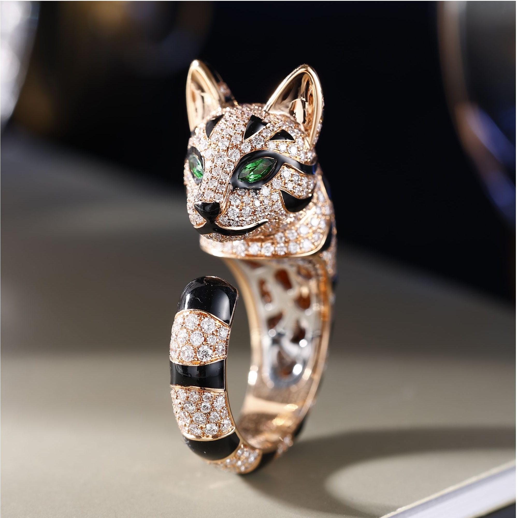 18K金满钻黑钉豹猫戒指 CZ (定制品质48小时鉴赏期)