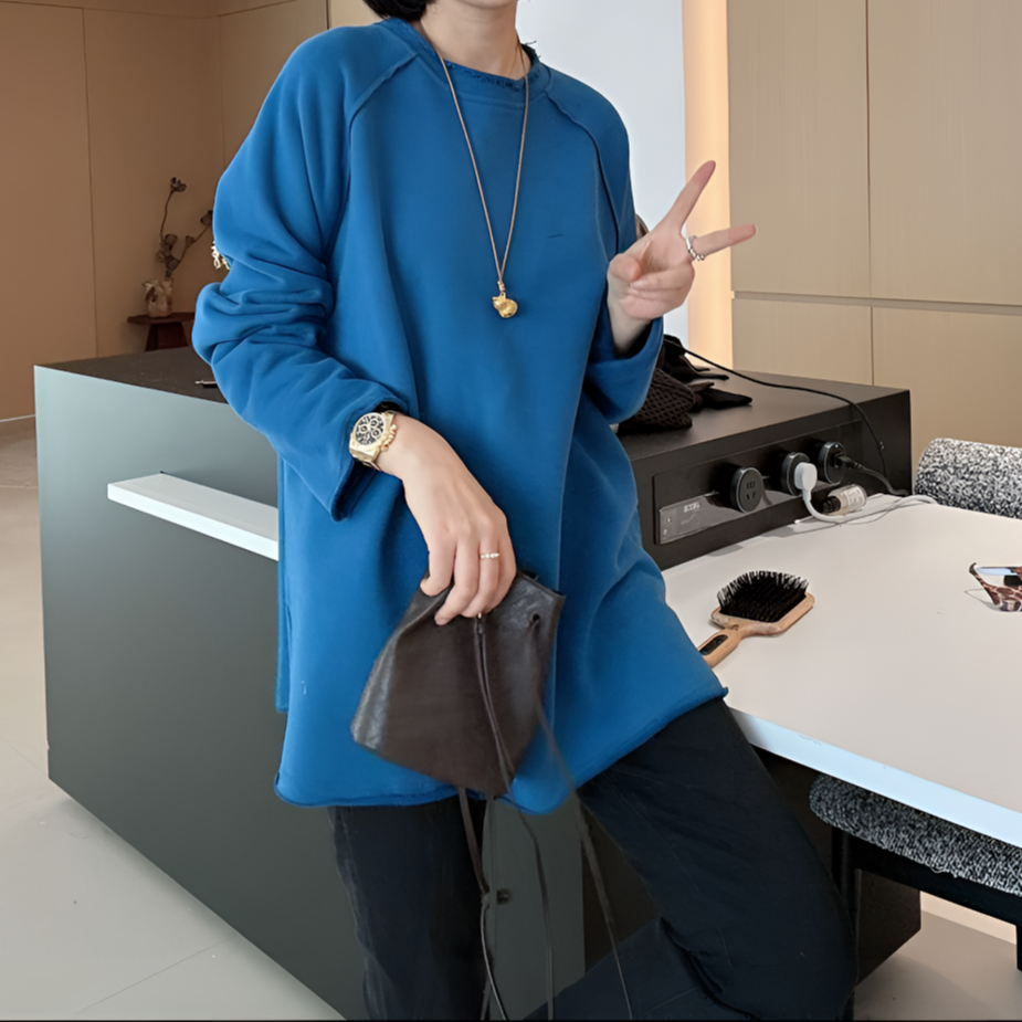 【现货清仓】秋冬女宽松百搭显瘦圆领纯棉卷毛边加绒加厚中长款卫衣