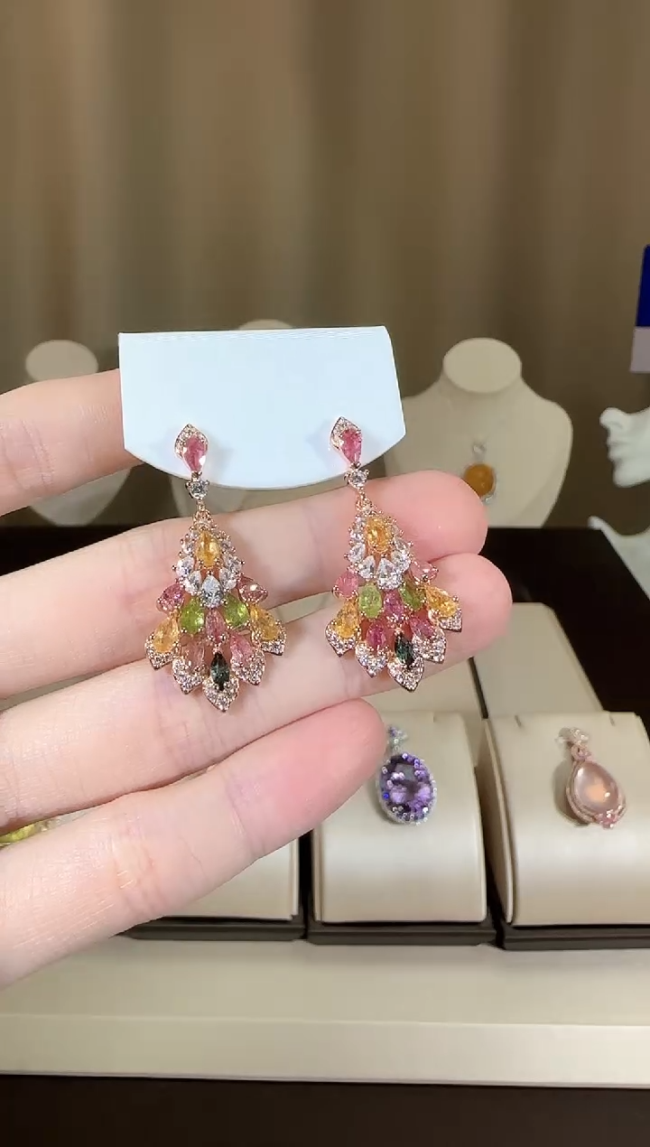 【闪购商品】碧玺耳饰银S925镶嵌设计款18*38mm